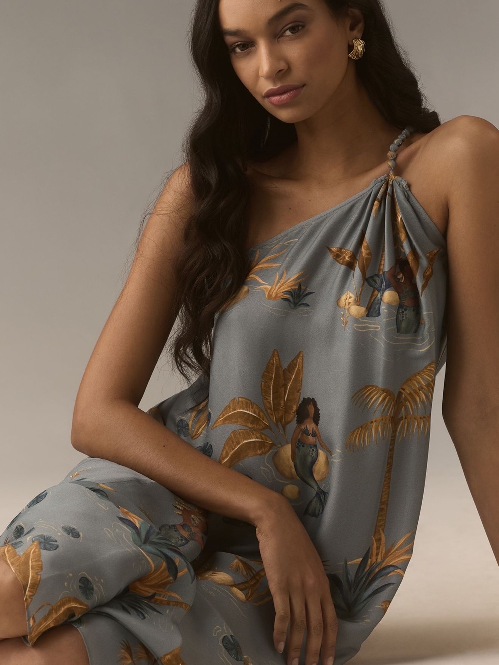 FARM Rio Gray Tropical One-Shoulder Dress with Mustard Botanical Print